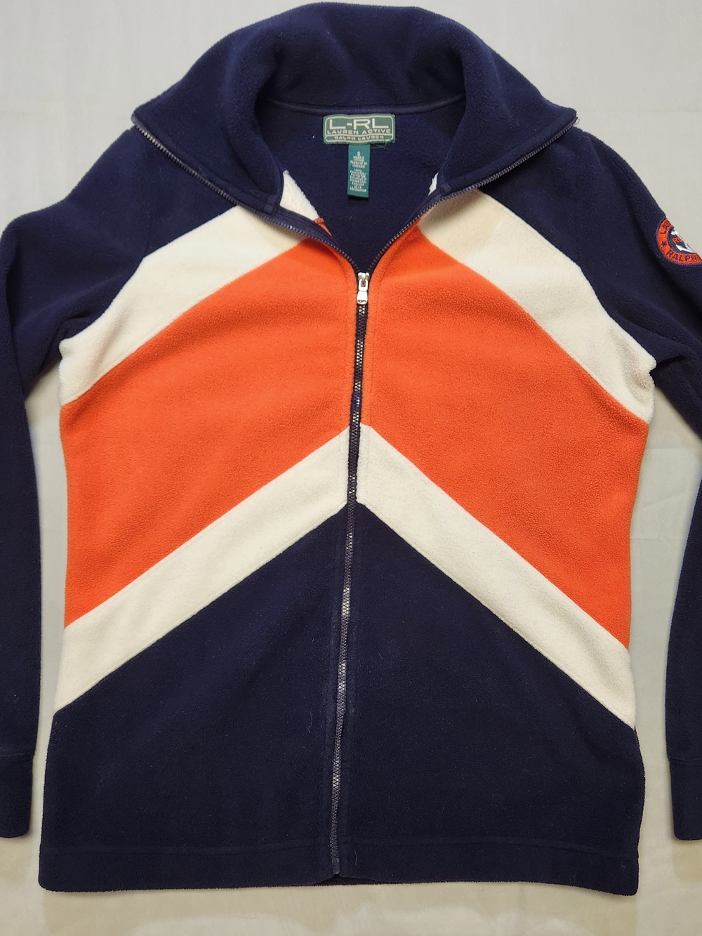 L-RL Lauren Active Ralph Fleece Jacket Women Small Navy Orang White Full-Zip VTG
